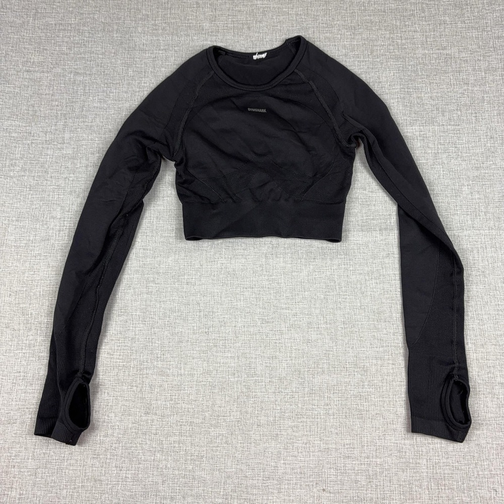 Gymshark Shirt Womens Small Black Cropped Long Sleeve Thumbhole Athletic Top